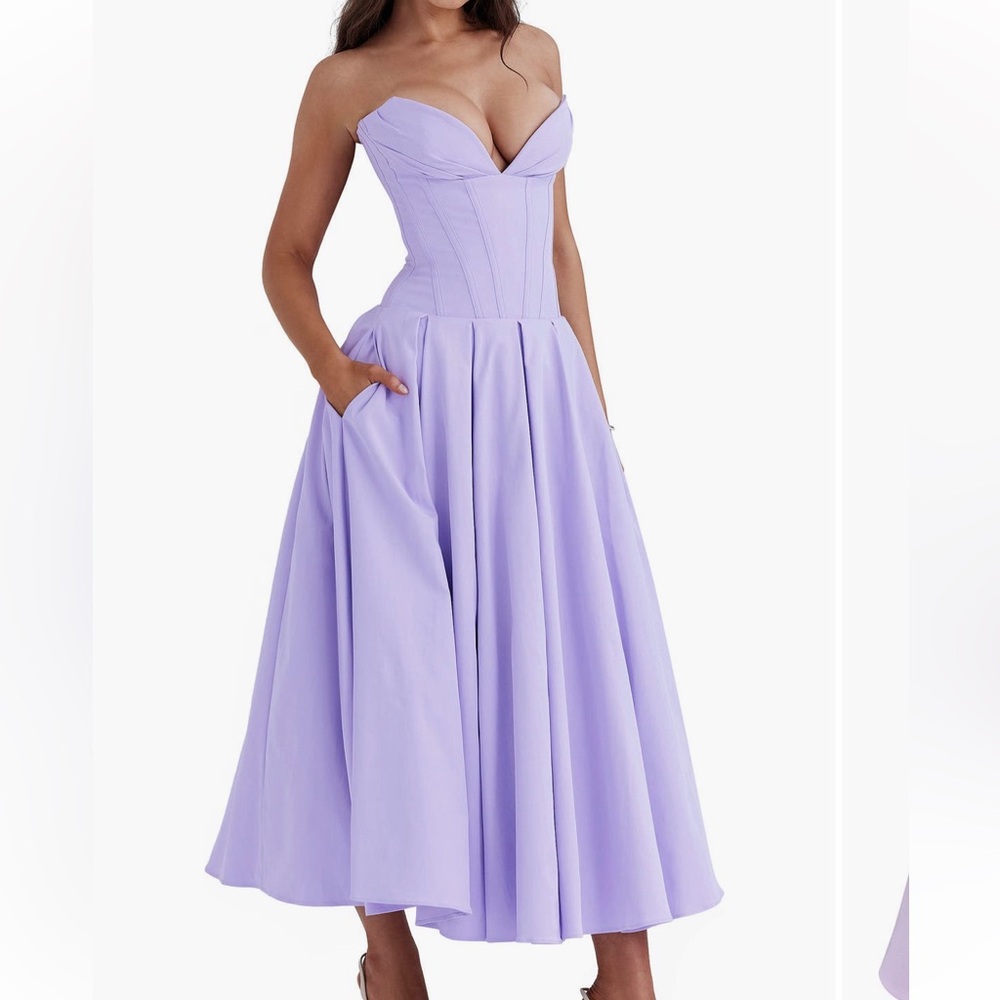 House of CB Lavender Strapless Corset Pleated Midi Dress - Picture 4 of 17